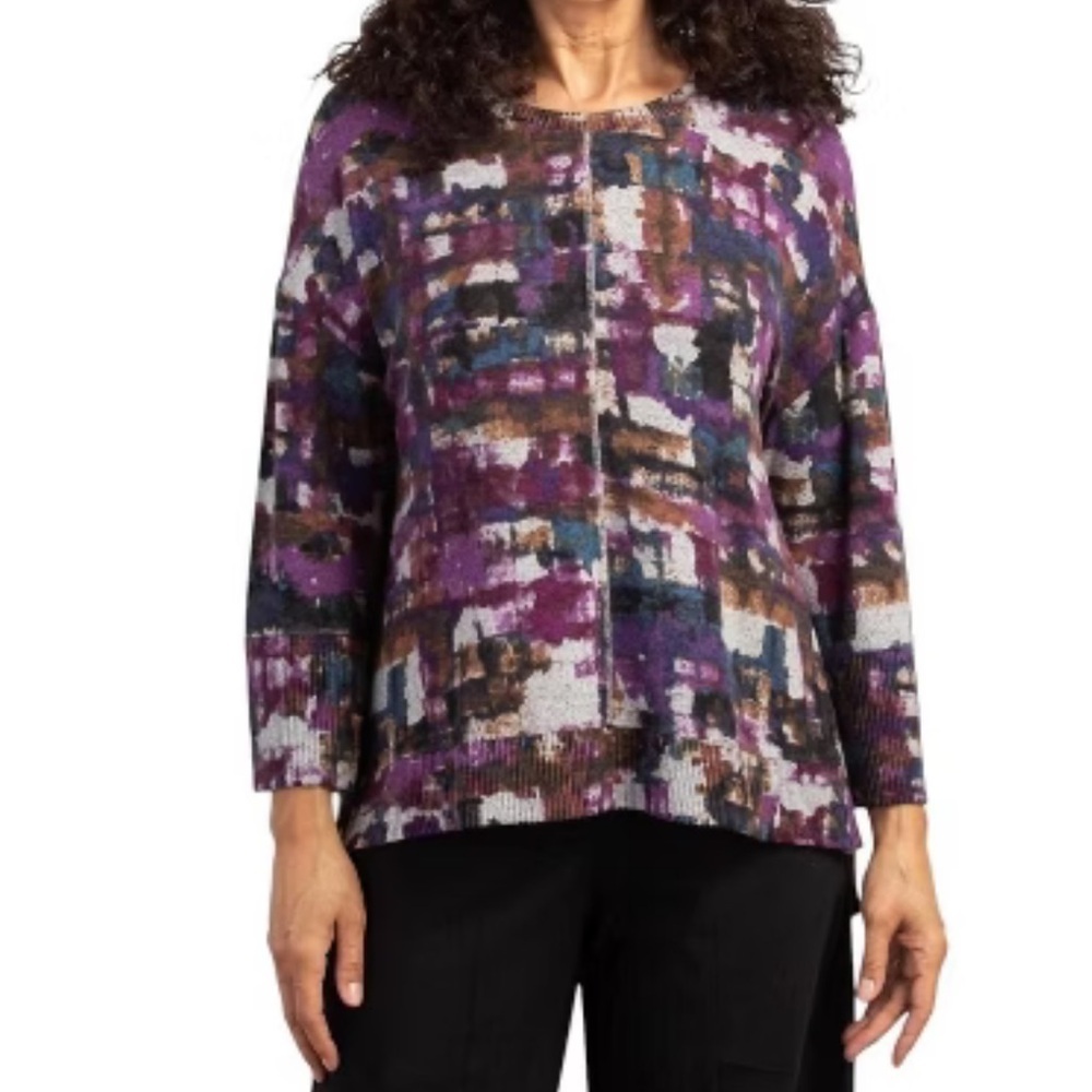 Habitat Purple Gray Brown Geometric Print Rib Hem 3/4 Sleeve Boxy Crew Sweater M